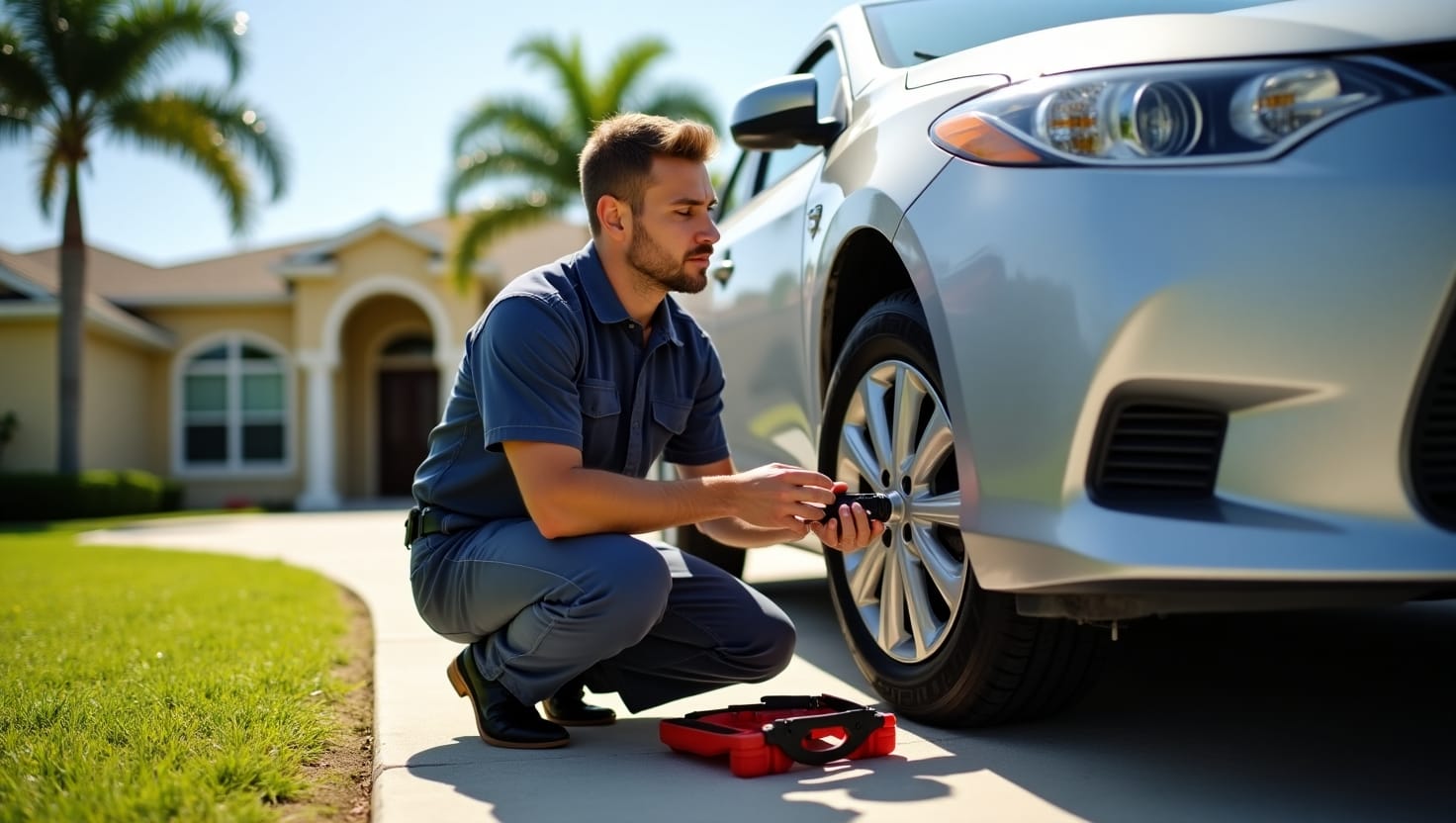 Mechanic performing on-site brake service next to parked car under palm trees